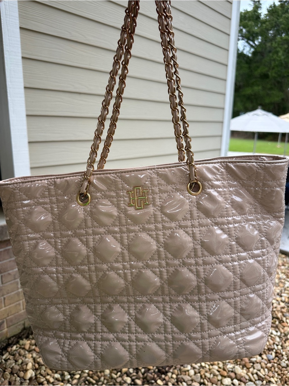 Caroline Hill Quilted Patent Tote Bag in Nude with Gold Hardware